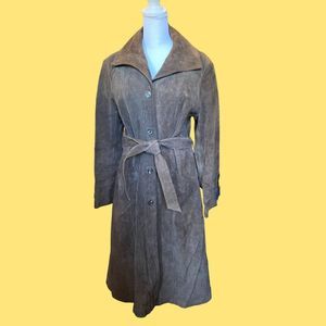 1970’s / 1960s Brown Leather Trench Vintage Tie Waist Retro Classic Staple Piece